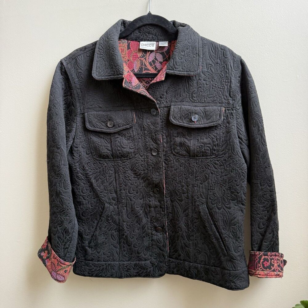 Chico's Jacket Black Brocade Contrast Tapestry Cuffs Pockets Button Size 1 (m)
